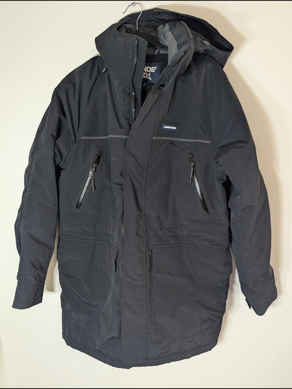 Lands’ End Black Insulated Squall Parka Jacket Hooded Waterproof Coat Mens Small - Picture 2 of 12